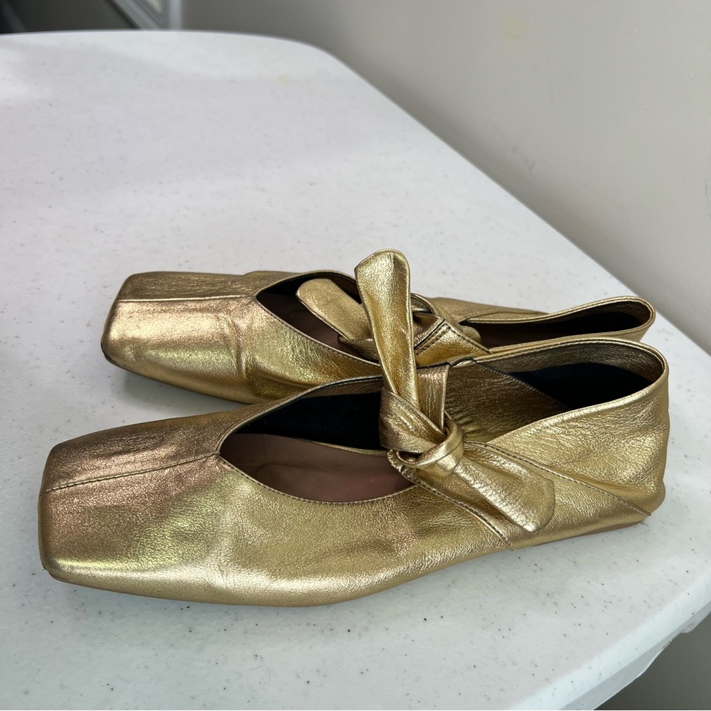 Vicenza Bow Mary Jane Silver leather flats square toes ballet Anthropologie - Picture 2 of 14